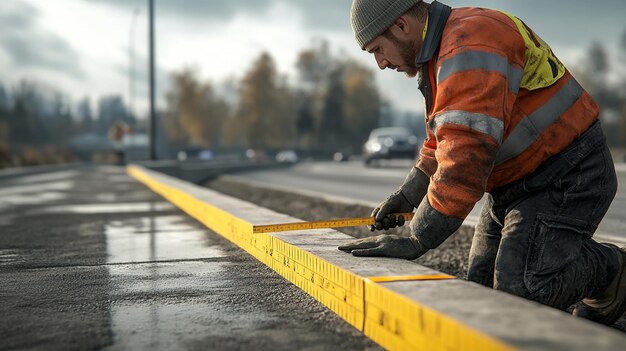 quotRoad Worker Inspecting Alignment of Newly Installed Road Barriersquot