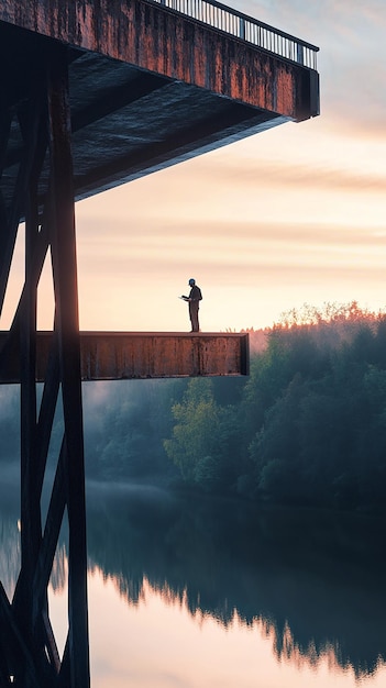 Photo quotroad worker inspecting a newly built bridge at dawnquot