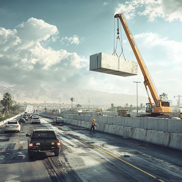 Photo quotroad worker operating a crane to lift large concrete blocksquot