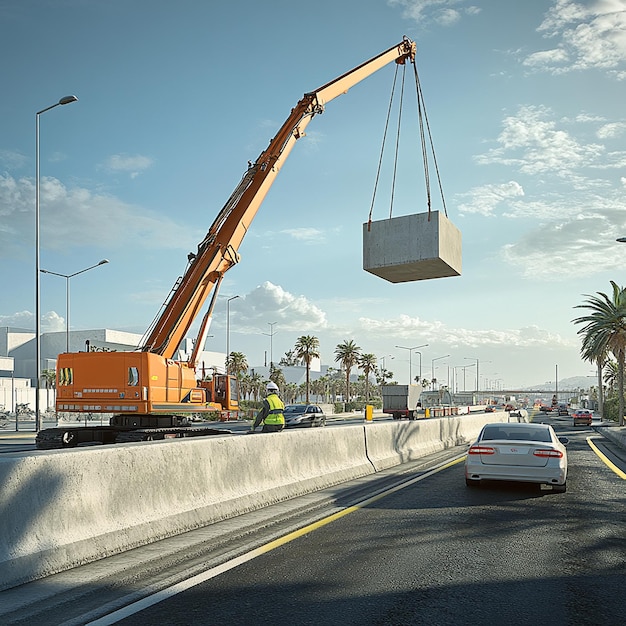 Photo quotroad worker operating a crane to lift large concrete blocksquot