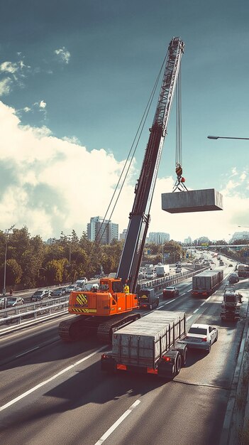 Photo quotroad worker operating a crane to lift large concrete blocksquot