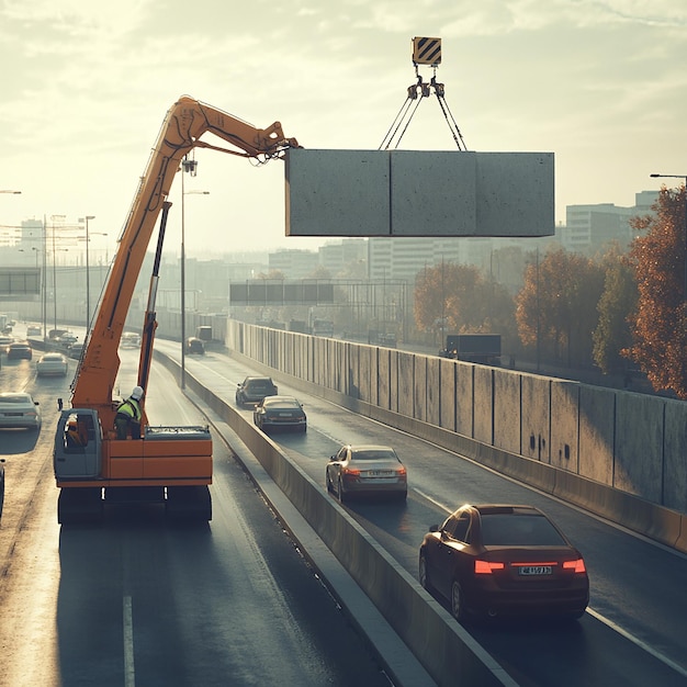 Photo quotroad worker operating a crane to lift large concrete blocksquot