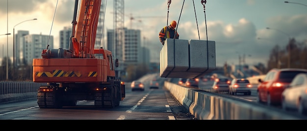 Photo quotroad worker operating a crane to lift large concrete blocksquot