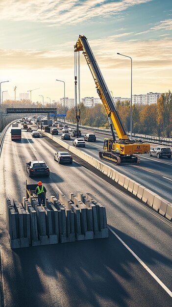 Photo quotroad worker operating crane lifting large concrete blocksquot