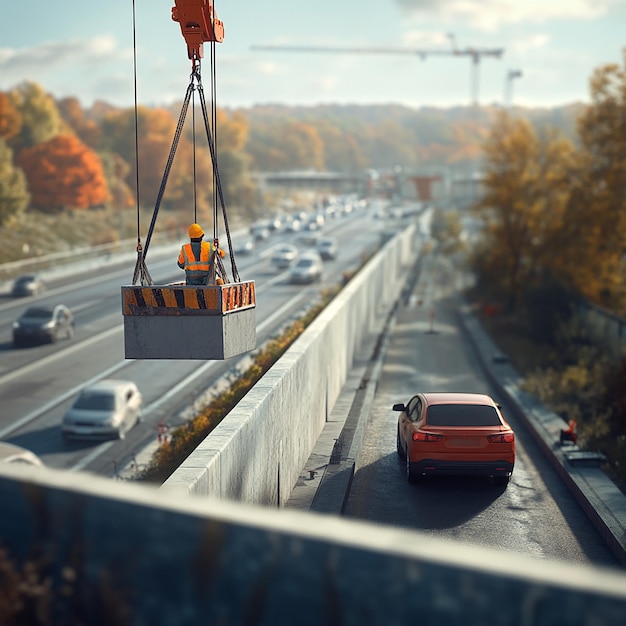 Photo quotroad worker operating crane lifting large concrete blocksquot