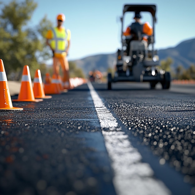 Photo quotroad worker painting new lines with a marking machinequot