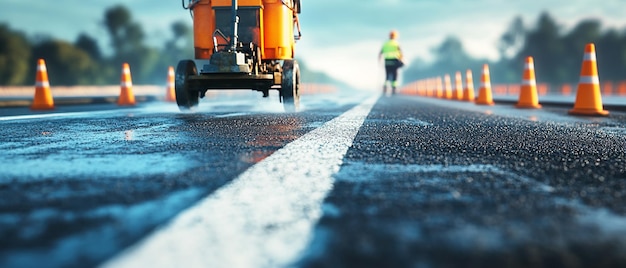 Photo quotroad worker painting new lines with a marking machinequot