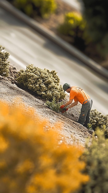 Photo quotroad worker planting shrubs along road medianquot