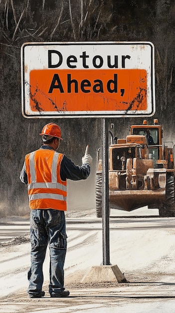 Photo quotroad worker standing beside a large detour signquot