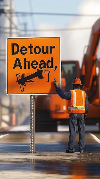 Photo quotroad worker standing beside a large detour signquot