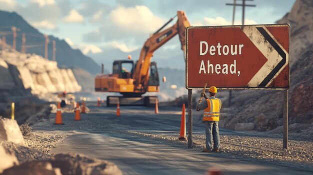 Photo quotroad worker standing next to large road closed signquot