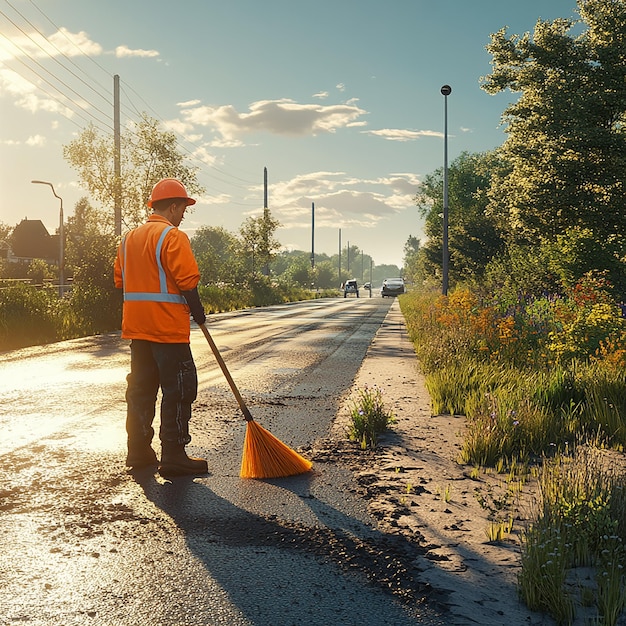 Photo quotroad worker sweeping the edge of a newly paved roadquot