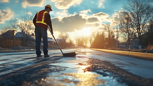 Photo quotroad worker sweeping the edge of a newly paved roadquot