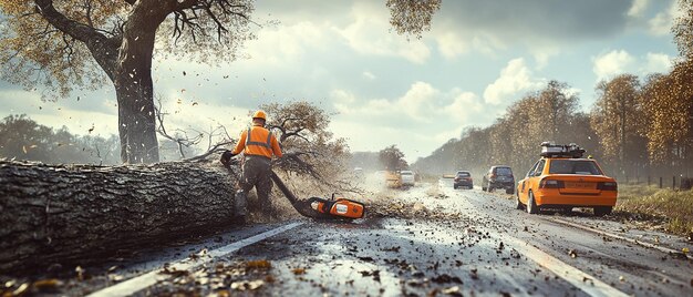 Photo quotroad worker using chainsaw to cut through fallen treequot