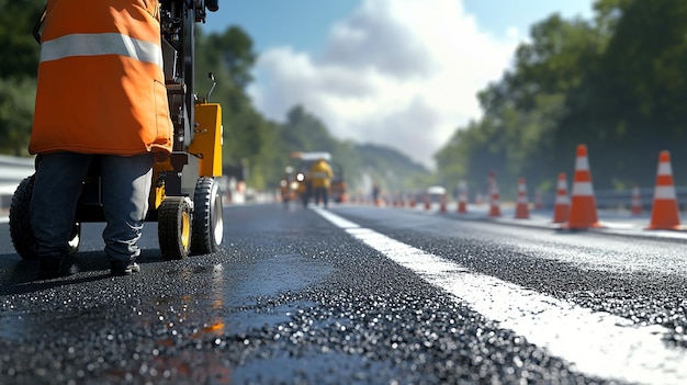 quotRoad Worker Using Paint Machine to Mark New Road Linesquot