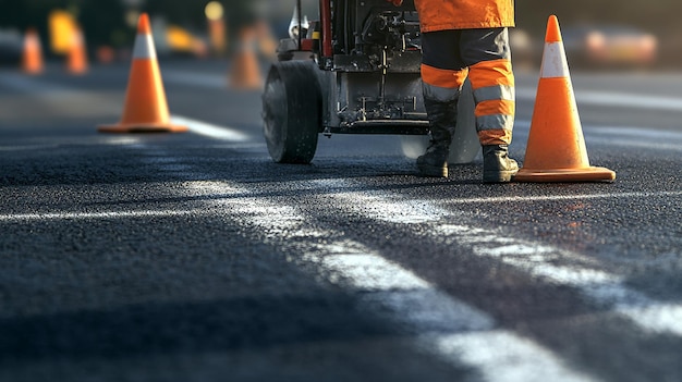 quotRoad Worker Using Paint Machine to Mark New Road Linesquot