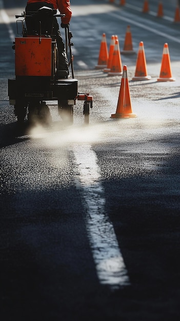 quotRoad Worker Using Paint Machine to Mark New Road Linesquot