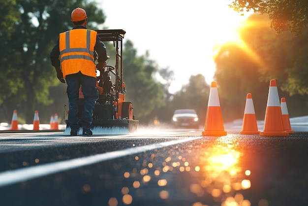 quotRoad Worker Using Paint Machine to Mark New Road Linesquot