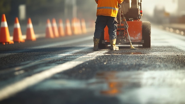 quotRoad Worker Using Paint Machine to Mark New Road Linesquot