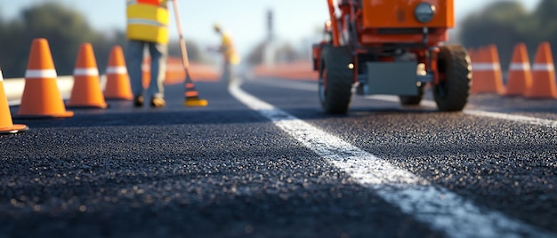 Photo quotroad worker using paint machine to mark new road linesquot