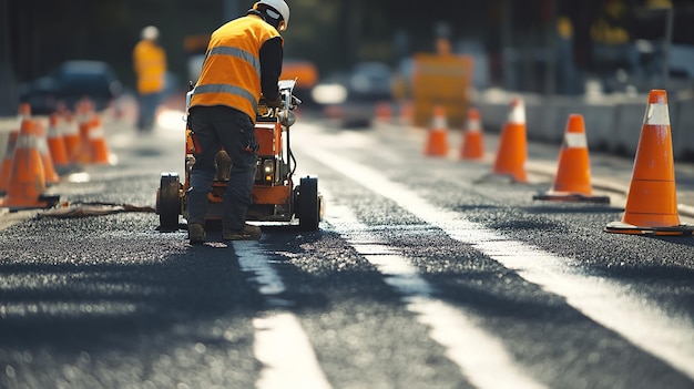 quotRoad Worker Using Paint Machine to Mark New Road Linesquot