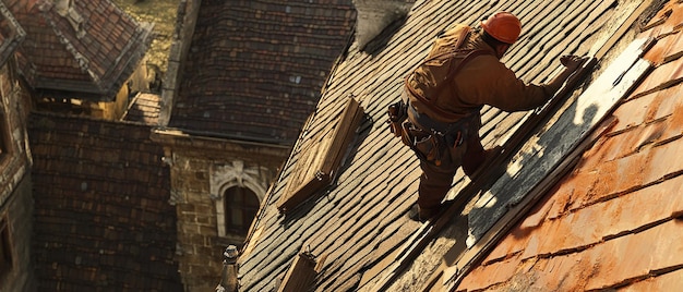 Photo quotroofer meticulously restoring a historic roofquot