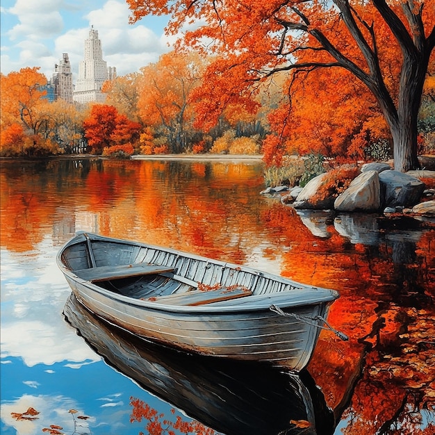 quotRowboat Anchored by the Shore Amidst Vibrant Autumn Foliagequot