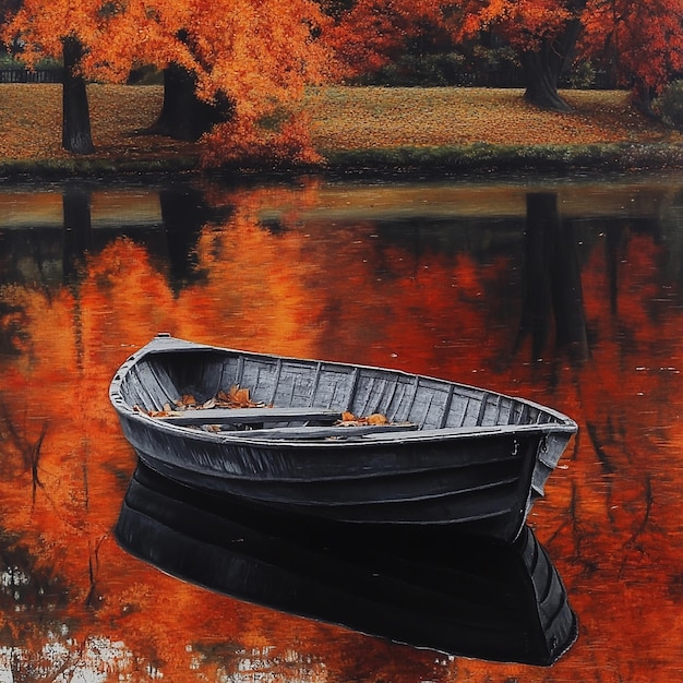 quotRowboat Anchored by the Shore Amidst Vibrant Autumn Foliagequot