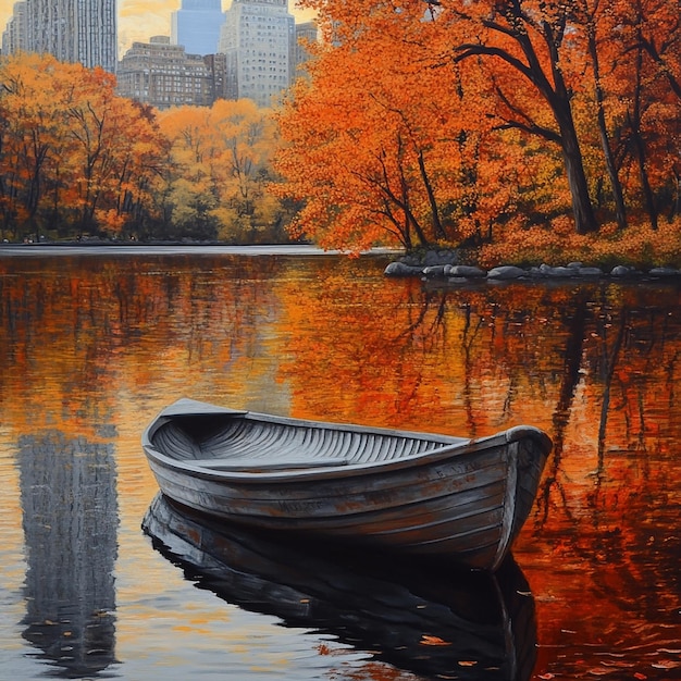 quotRowboat Anchored by the Shore Amidst Vibrant Autumn Foliagequot