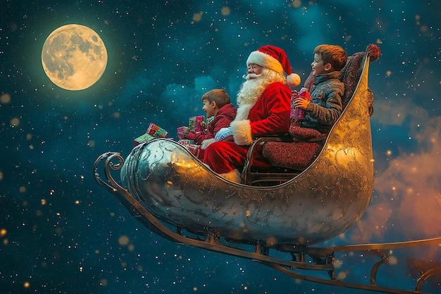 Photo quotsanta in a shiny silver sleigh with presentsquot