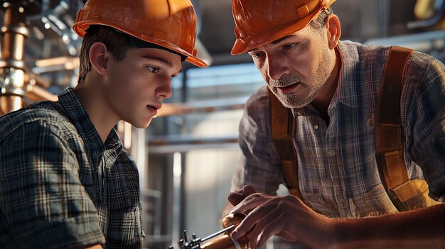 Photo quotsenior plumber instructing apprentice on plumbing techniquesquot