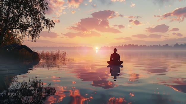 Photo quotserene lakeside meditation at sunsetquot