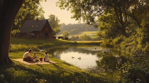 Photo quotserene scene of a farmer and his family enjoying a quiet moment togetherquot