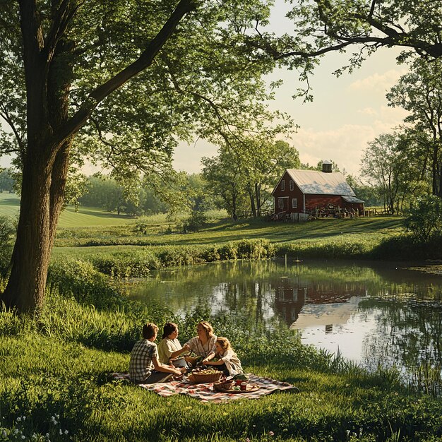 Photo quotserene scene of a farmer and his family enjoying a quiet moment togetherquot