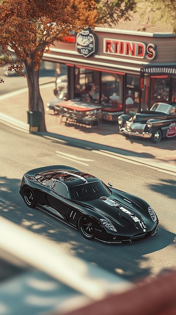 Photo quotsleek black sports car speeding through a small route 66 townquot