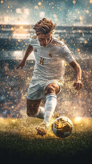 Photo quotsoccer player kicking a ball with gold accentsquot