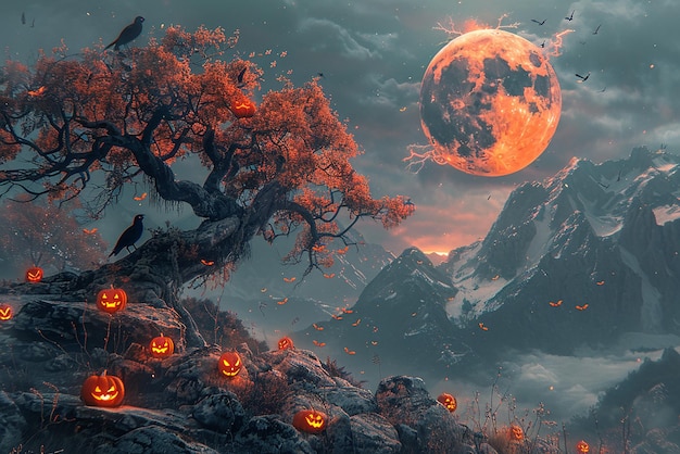 Photo quotspooky tree surrounded by crows and pumpkinsquot