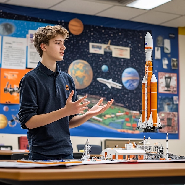 Photo quotstudent showcasing a space exploration project at a science fairquot