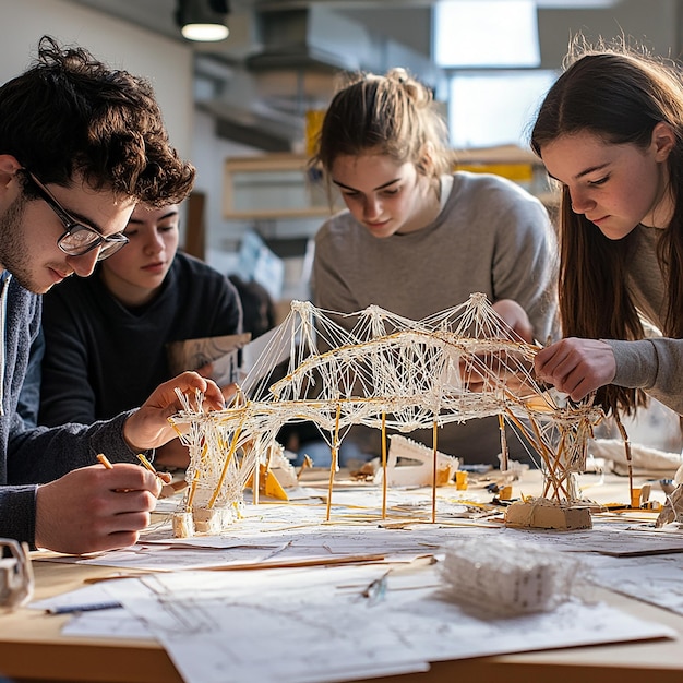 Photo quotstudents building a model bridge in the classroomquot