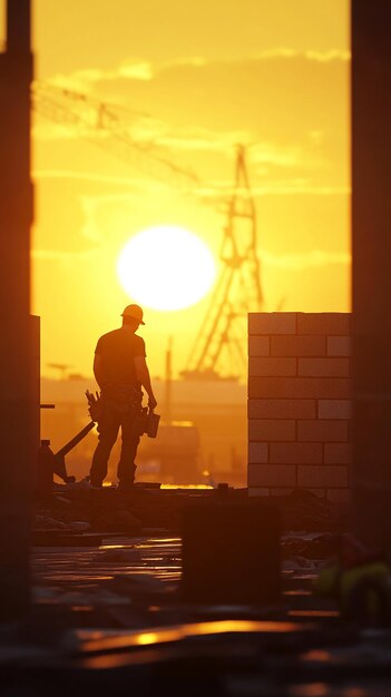 Photo quotsunset at construction site with bricklayer finishing workquot