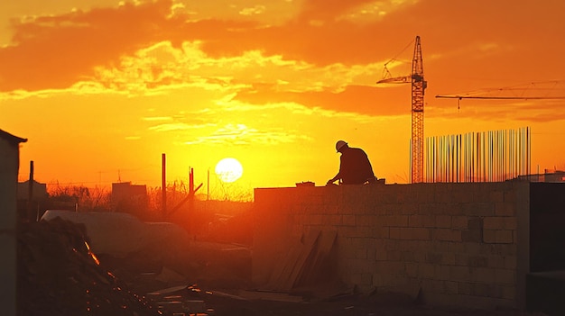 Photo quotsunset at construction site with bricklayer finishing workquot