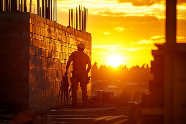 Photo quotsunset at construction site with bricklayer finishing workquot