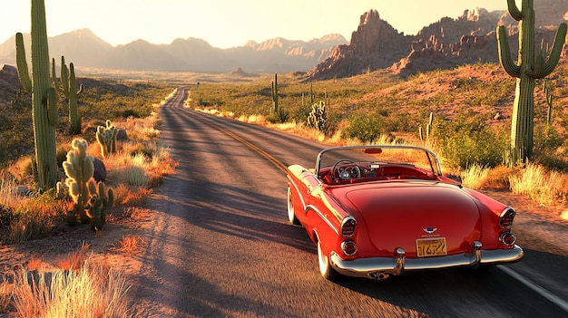 quotSunset Over Route 66 with a Classic Red Vintage Carquot