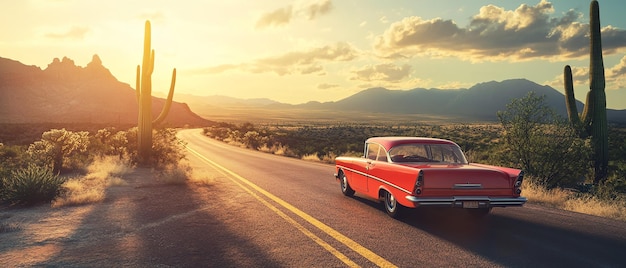 quotSunset Over Route 66 with a Classic Red Vintage Carquot