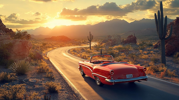 quotSunset Over Route 66 with a Classic Red Vintage Carquot