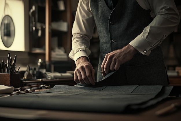 Photo quottailor inspecting a finished custom suit for qualityquot