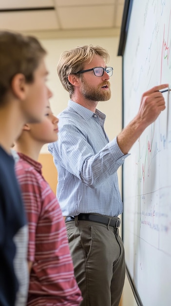 Photo quotteacher explaining a graph on the whiteboard with a markerquot