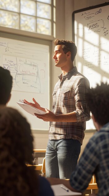 Photo quotteacher explaining a problem at the front of the classroomquot