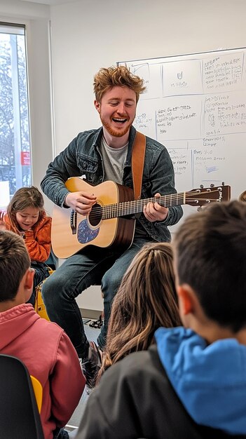 Photo quotteacher playing guitar while leading students in music activityquot