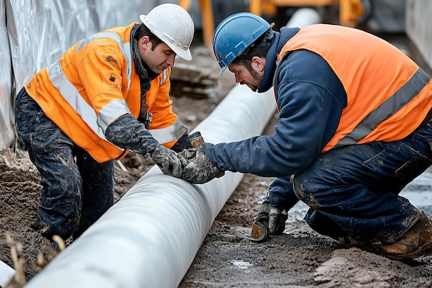 Photo quottechnicians preparing a resinimpregnated felt liner for installationquot